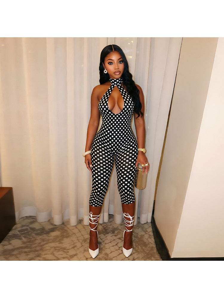 Dots Halter Backless Lace-Up Rompers