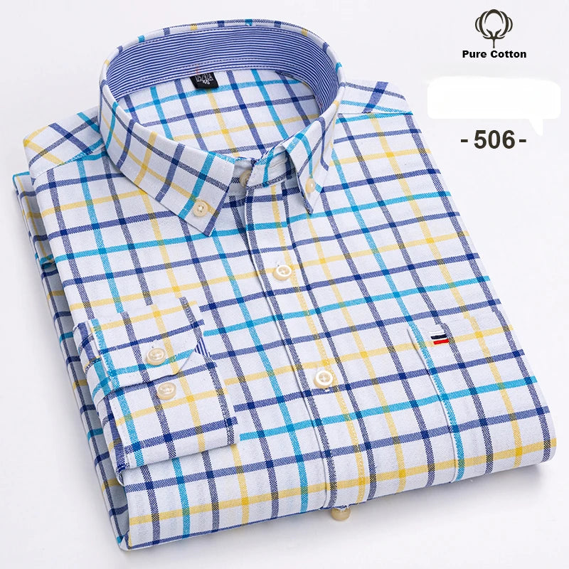 Large Size 7XL 100% Cotton Shirts for Men Oxford Plain Shirt Quality Oversized Long Sleeve Slim Fit Tops Striped Plaid Clothing