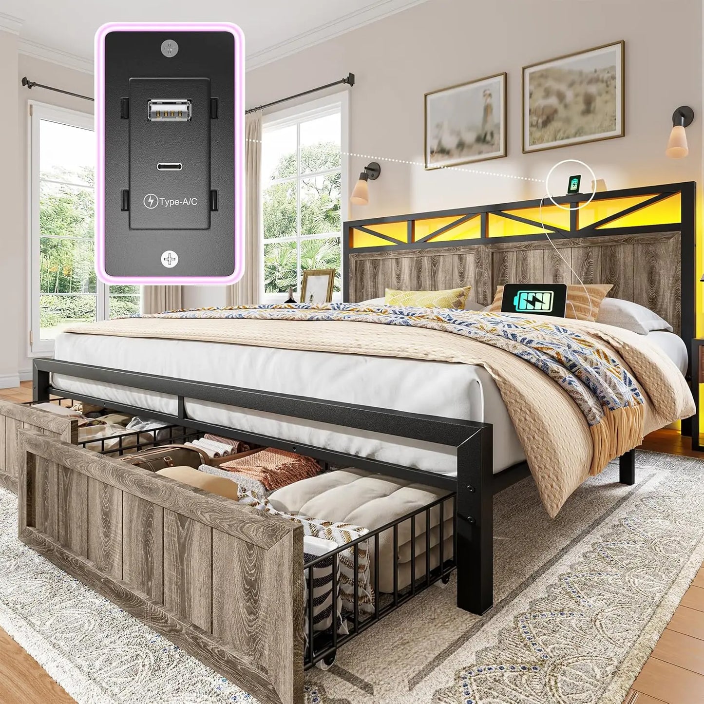 King Bed Frame Metal with 2 Storage Drawers, Wooden Headboard with LED Lighting & Charging Station, Bedroom,, Customized