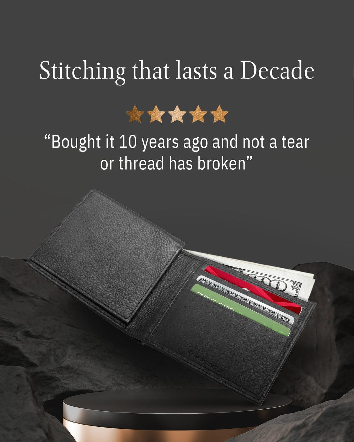 Genuine Leather Bifold Wallet – Flip-Up ID Window, RFID Blocking