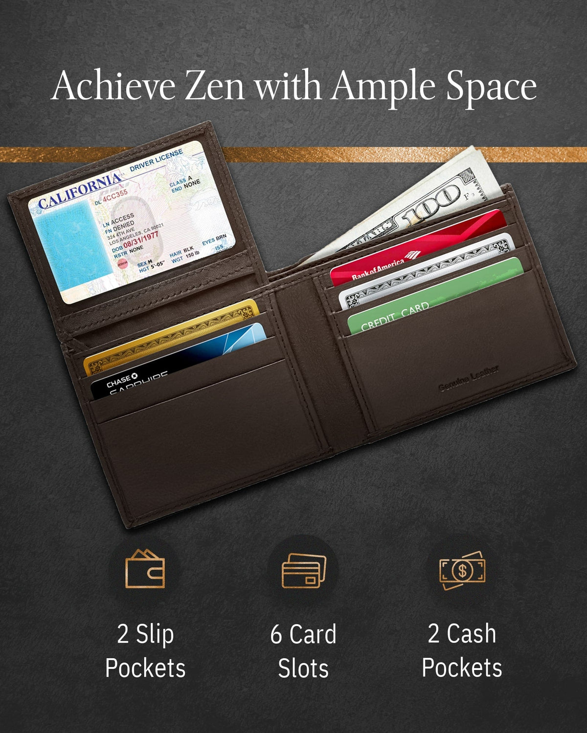 Genuine Leather Bifold Wallet – Flip-Up ID Window, RFID Blocking