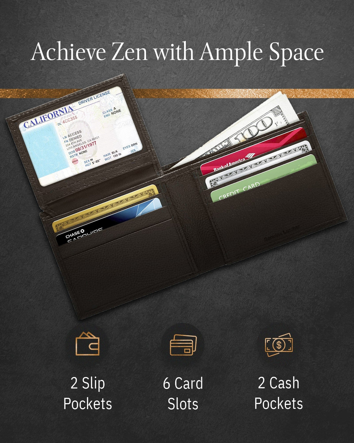 Genuine Leather Bifold Wallet – Flip-Up ID Window, RFID Blocking