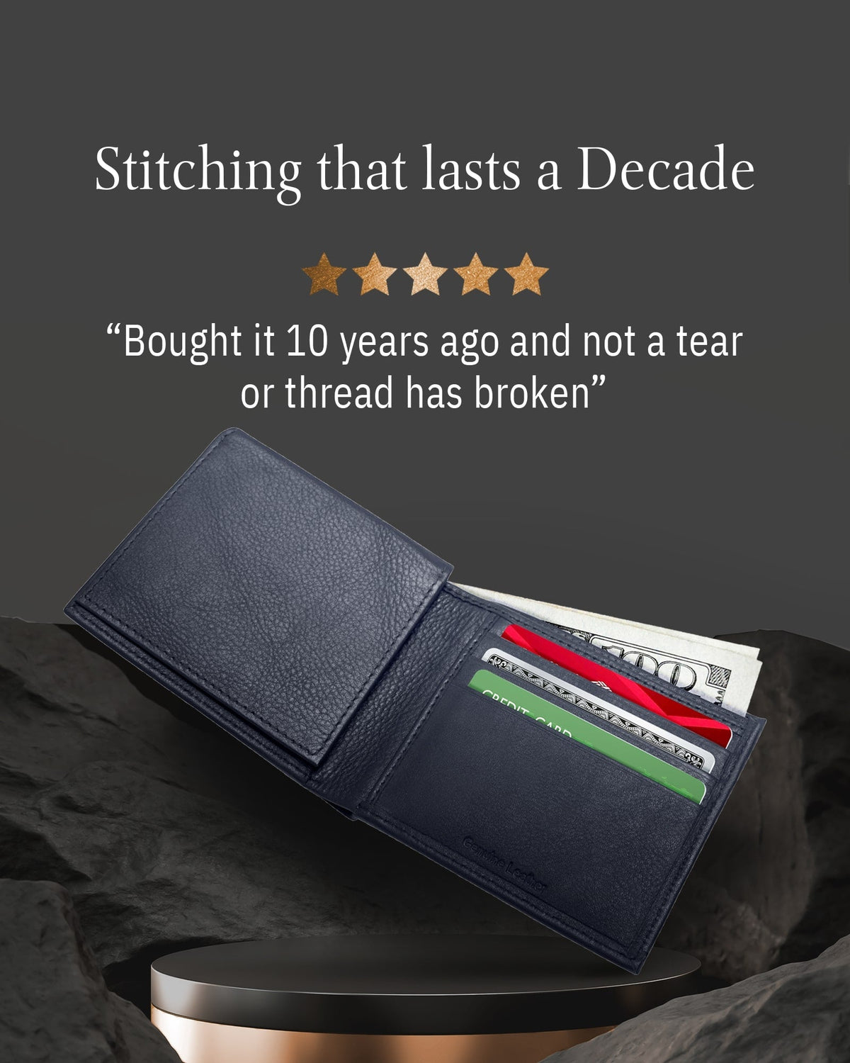 Genuine Leather Bifold Wallet – Flip-Up ID Window, RFID Blocking