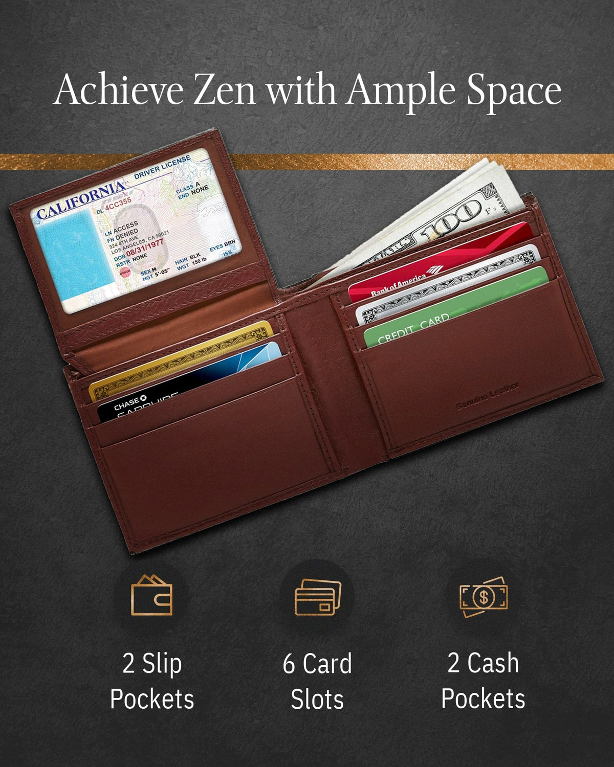 Genuine Leather Bifold Wallet – Flip-Up ID Window, RFID Blocking