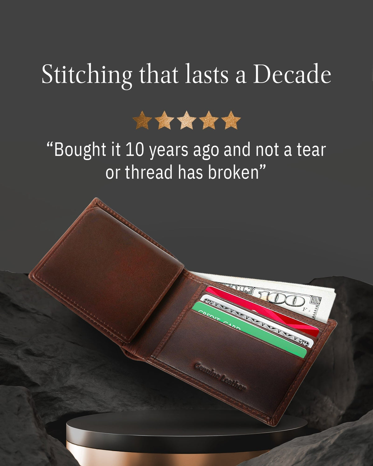 Genuine Leather Bifold Wallet – Flip-Up ID Window, RFID Blocking
