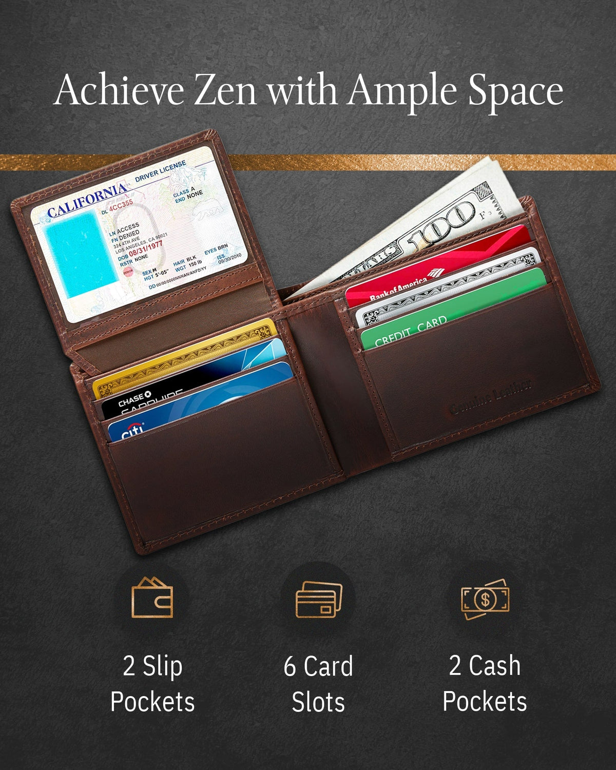 Genuine Leather Bifold Wallet – Flip-Up ID Window, RFID Blocking