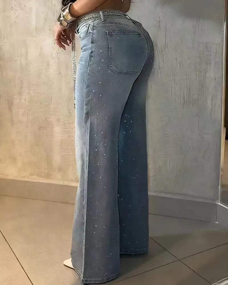 Sparkle Rhinestone Studded Wide Leg Denim Pants Women High Waist Bling Crystal Belt Loose Casual Club Party Streetwear Jeans