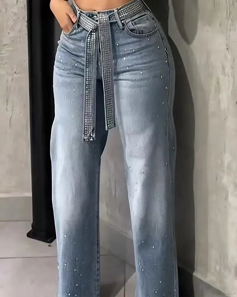 Sparkle Rhinestone Studded Wide Leg Denim Pants Women High Waist Bling Crystal Belt Loose Casual Club Party Streetwear Jeans