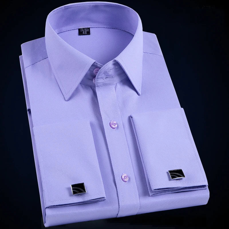 Men's French Cuff Button Tuxedo Shirt Long Sleeve Business Formal Party Wedding Evening Dress Banquet Clothing with Cufflinks