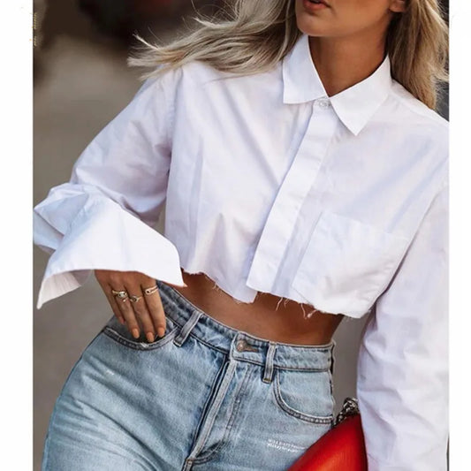 Women Long Sleeve Korean K-POP Shirt 2021 Spring Fashion Ladies Club Street Sexy Short White Top Blouse