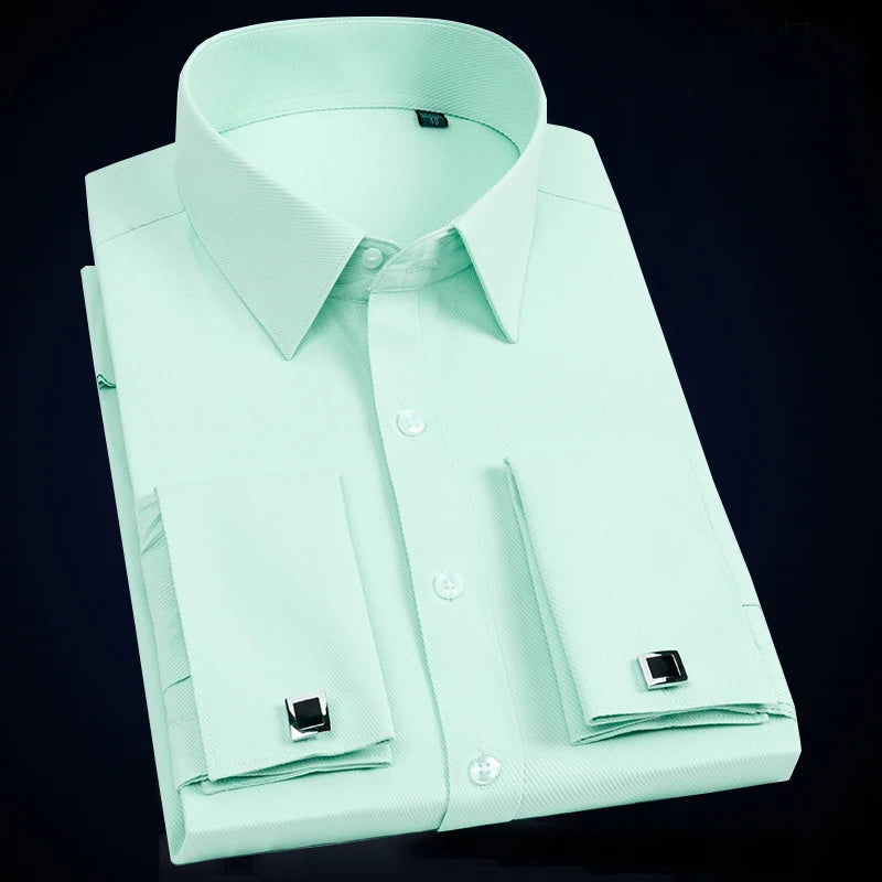 Men's French Cuff Button Tuxedo Shirt Long Sleeve Business Formal Party Wedding Evening Dress Banquet Clothing with Cufflinks