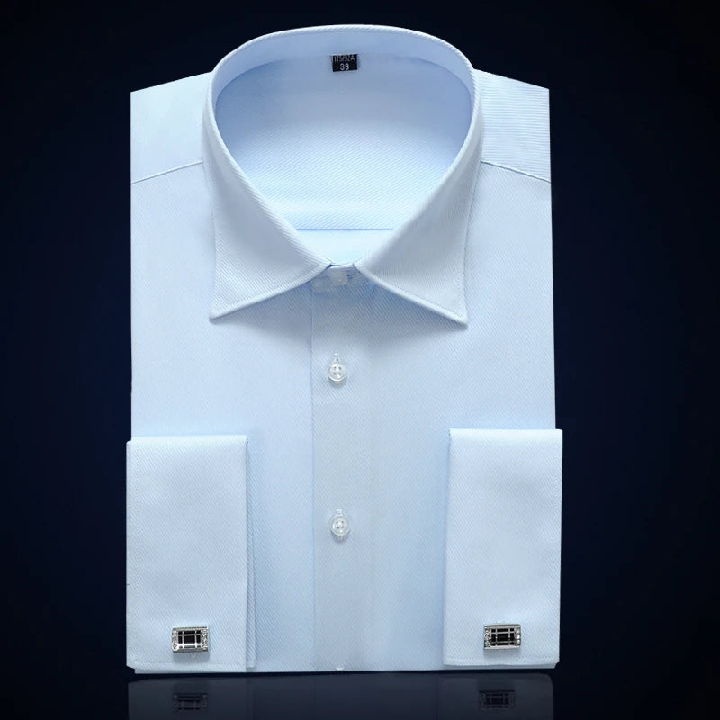 Men's French Cuff Button Tuxedo Shirt Long Sleeve Business Formal Party Wedding Evening Dress Banquet Clothing with Cufflinks