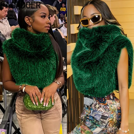 FAGADOER Winter New Fashion Fur Patchwork Bodycon Jacket Woman Green High Neck Sleeveless Crop Top Female Streetwear Clothing