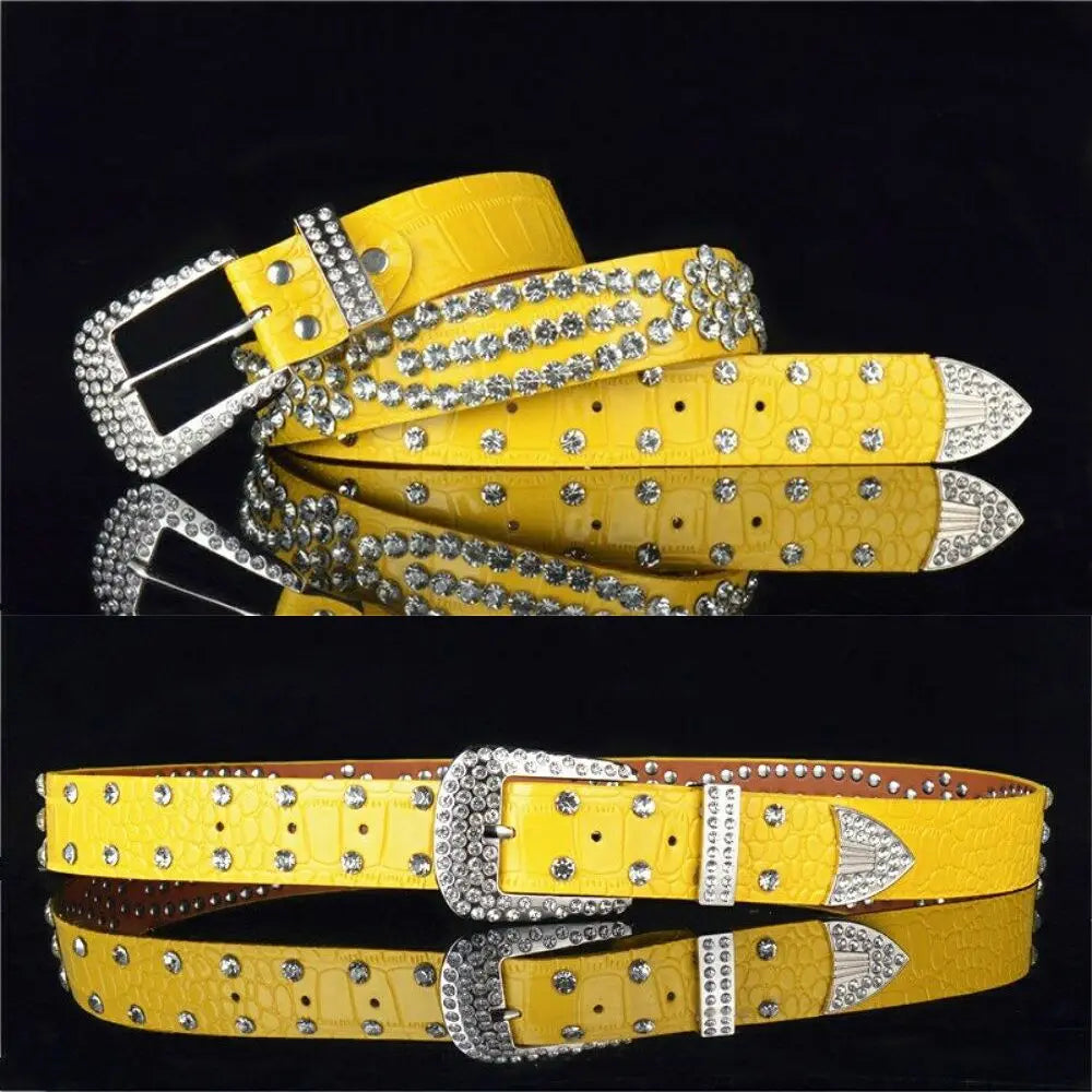 Fashion Leather Belts Men and Women Unisex Rhinestone Luxury Belts Casual Wide Buckle Punk Belts Crystal Bling Jeans Waistband