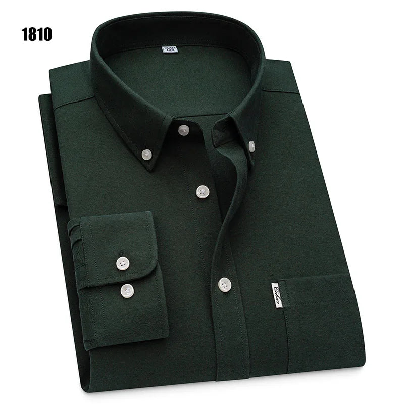 Men's 100% Pure Cotton Oxford Solid Long Sleeve Shirts Business Social Formal Shirts Male Single Pocket Designer Classic Clothes