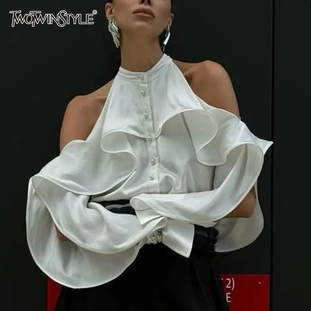 TWOTWINSTYLE Solid Spliced Button Loose Shirts for Women Lapel Long Sleeve Temperament Minimalist Shirts Female Fashion