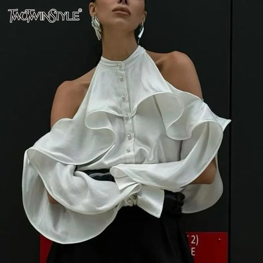 TWOTWINSTYLE Solid Spliced Button Loose Shirts for Women Lapel Long Sleeve Temperament Minimalist Shirts Female Fashion