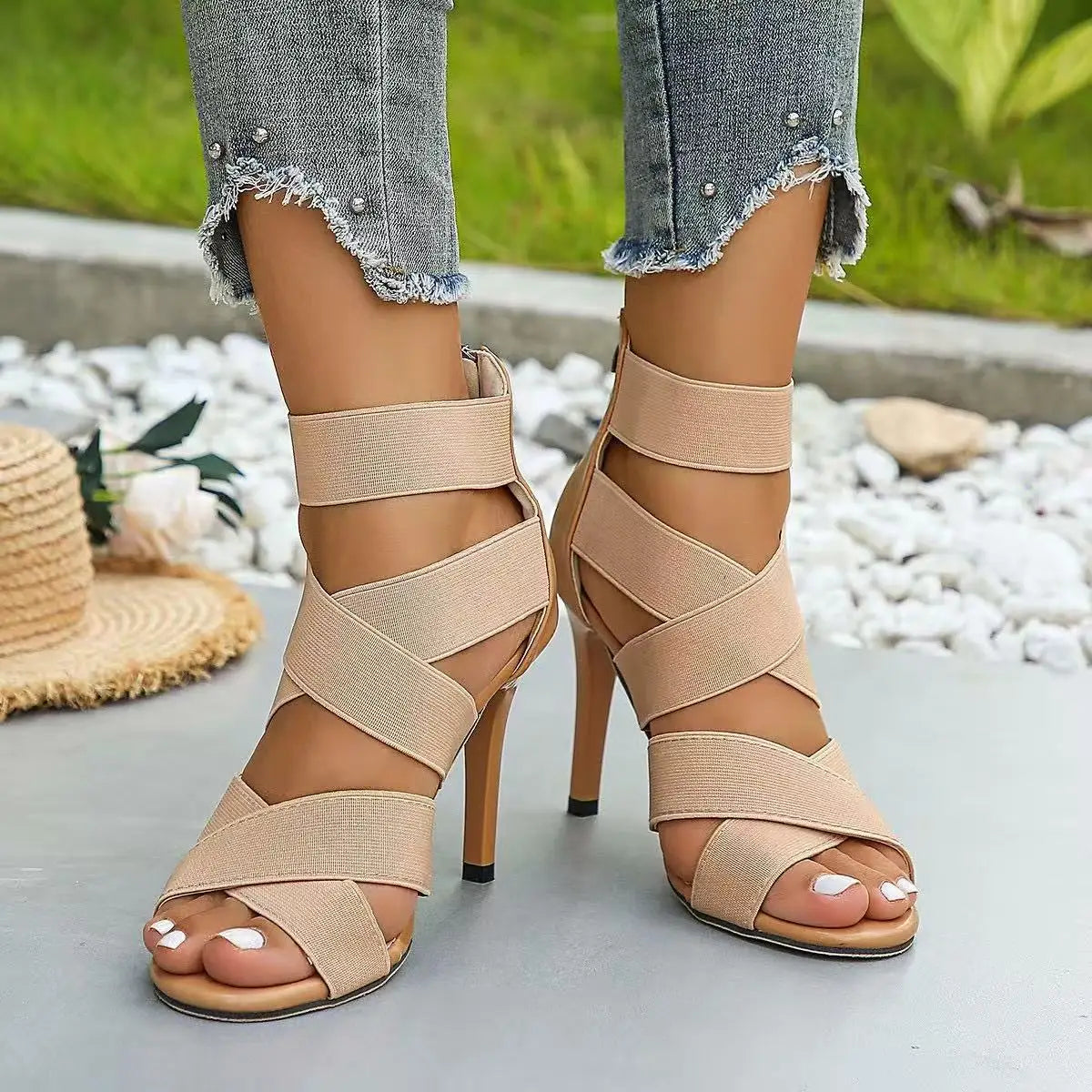 Women's Multi Strap Ankle Wrap Stiletto Heel Sandals, Open Toe Back Zipper High Heels