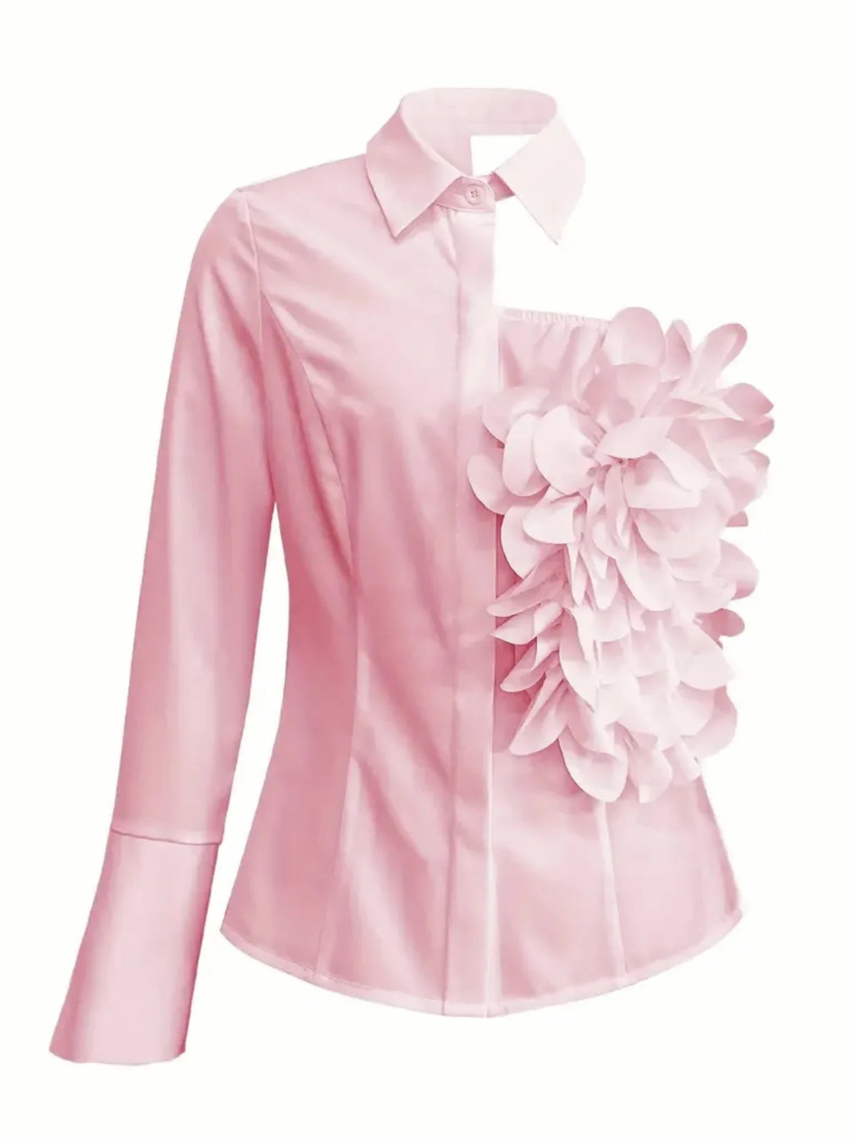 One-Shoulder Shirt Asymmetric Cutout Elegant Blouse Three-Dimensional Floral Applique Top Fashionable Versatile Chic Blouse