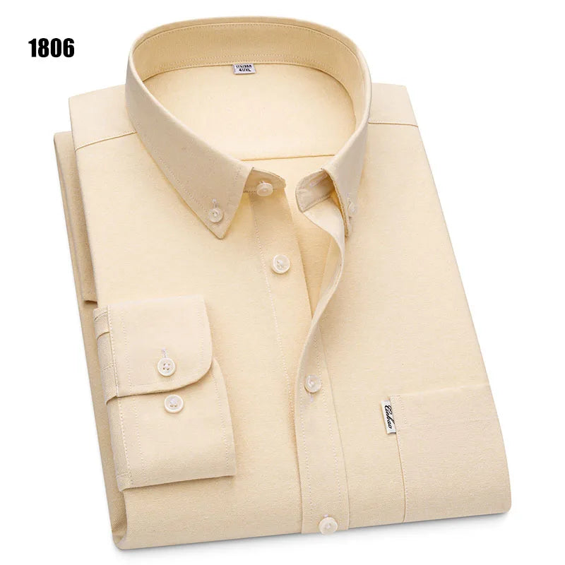 Men's 100% Pure Cotton Oxford Solid Long Sleeve Shirts Business Social Formal Shirts Male Single Pocket Designer Classic Clothes