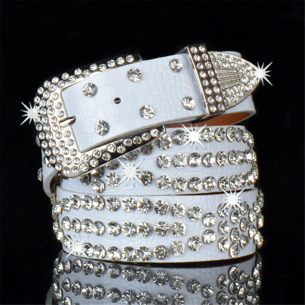 Fashion Leather Belts Men and Women Unisex Rhinestone Luxury Belts Casual Wide Buckle Punk Belts Crystal Bling Jeans Waistband