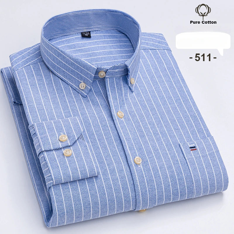 Large Size 7XL 100% Cotton Shirts for Men Oxford Plain Shirt Quality Oversized Long Sleeve Slim Fit Tops Striped Plaid Clothing