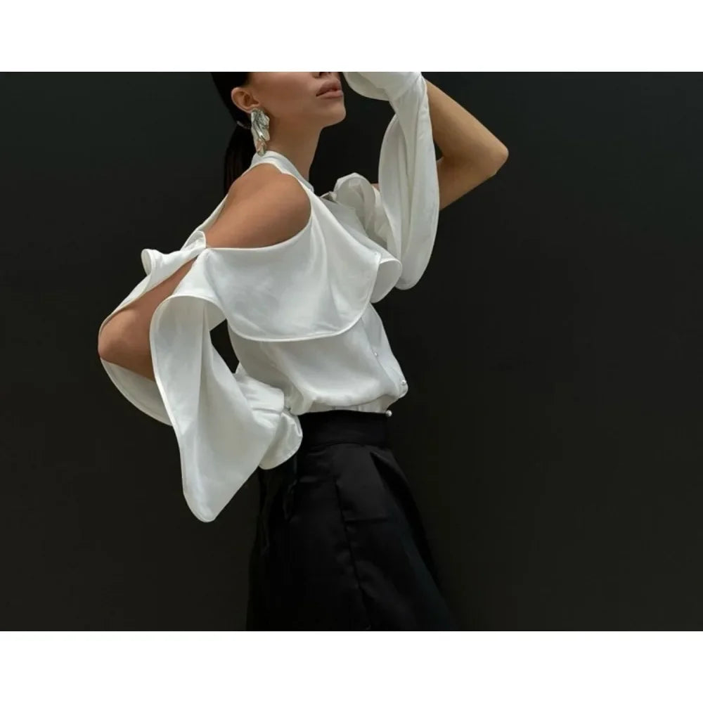 TWOTWINSTYLE Solid Spliced Button Loose Shirts for Women Lapel Long Sleeve Temperament Minimalist Shirts Female Fashion