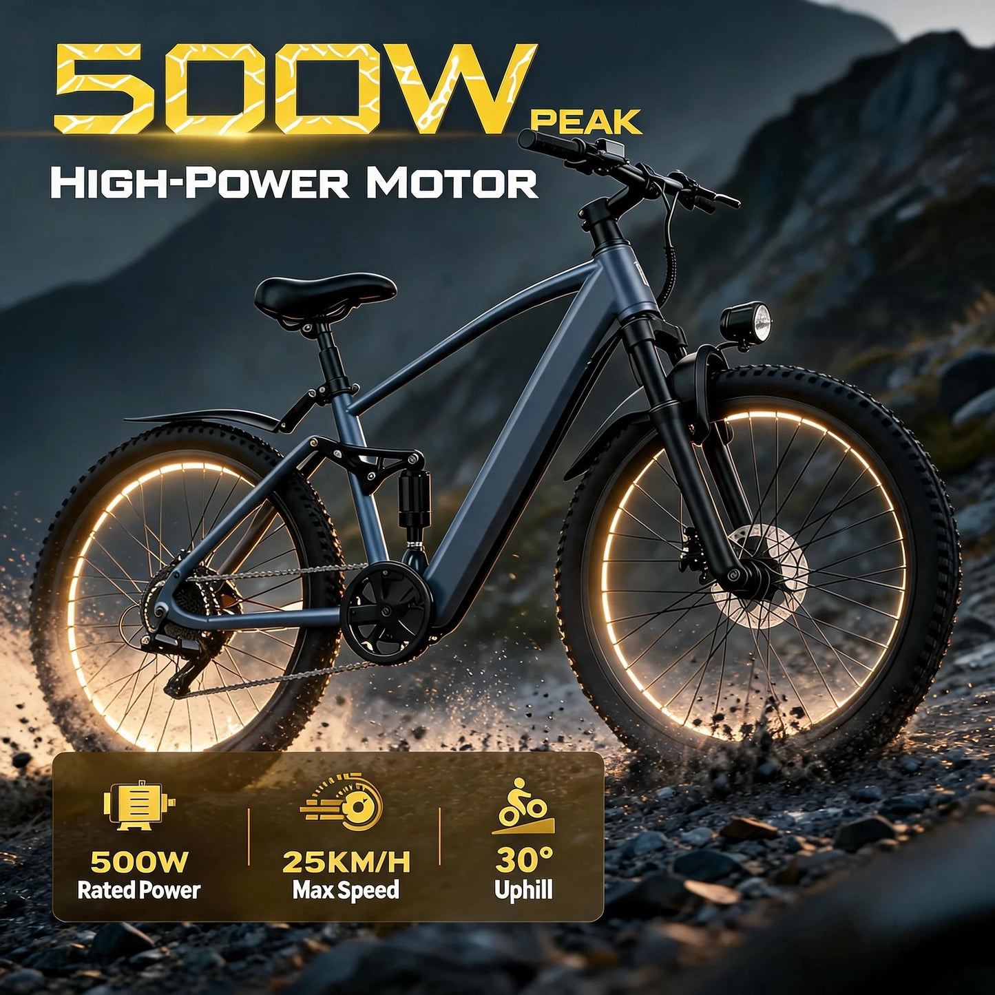 Electric Mountain Bike, 500W Motor, Pedal Assist, Full Suspension, Free Lock & Tool Kit, Pro Race Design, for cross country e-bike, offroad ebike adventure