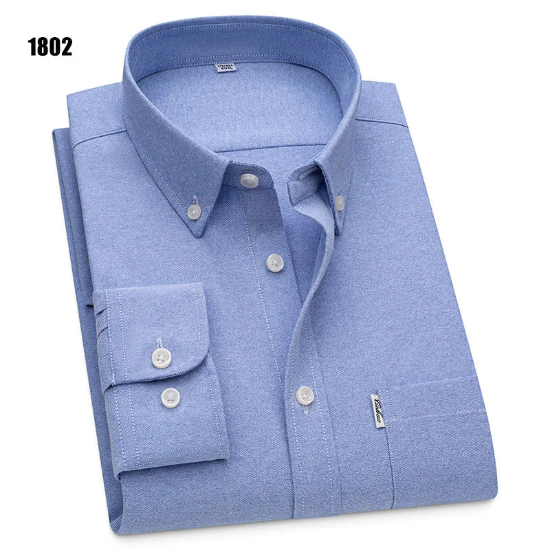Men's 100% Pure Cotton Oxford Solid Long Sleeve Shirts Business Social Formal Shirts Male Single Pocket Designer Classic Clothes