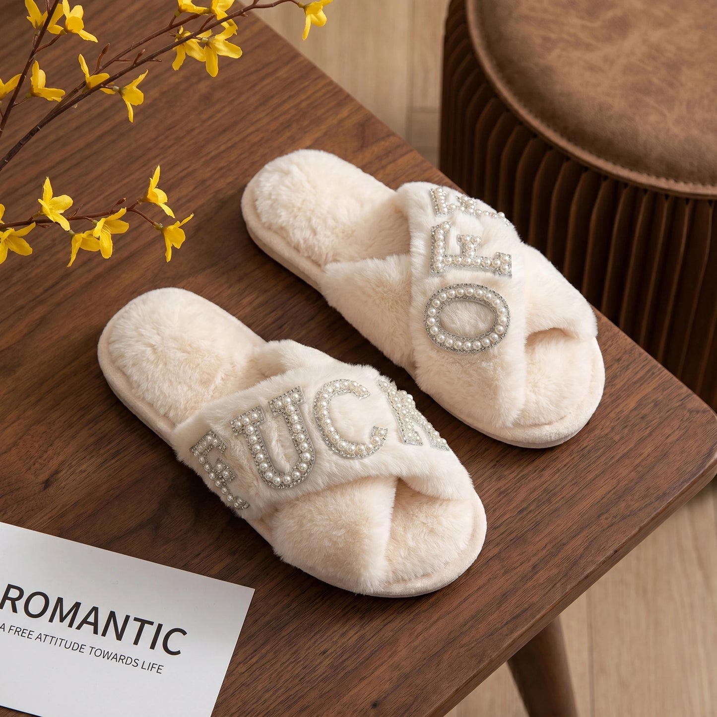 Light Luxury Black Cross-Strap Plush Home Slippers with Pearl Rhinestone Letters, Quirky and Unique, Non-Slip Soft Sole Indoor Slippers, Same Style as European and American Influencers, Women's Warm Thick Plush Bedroom Guest