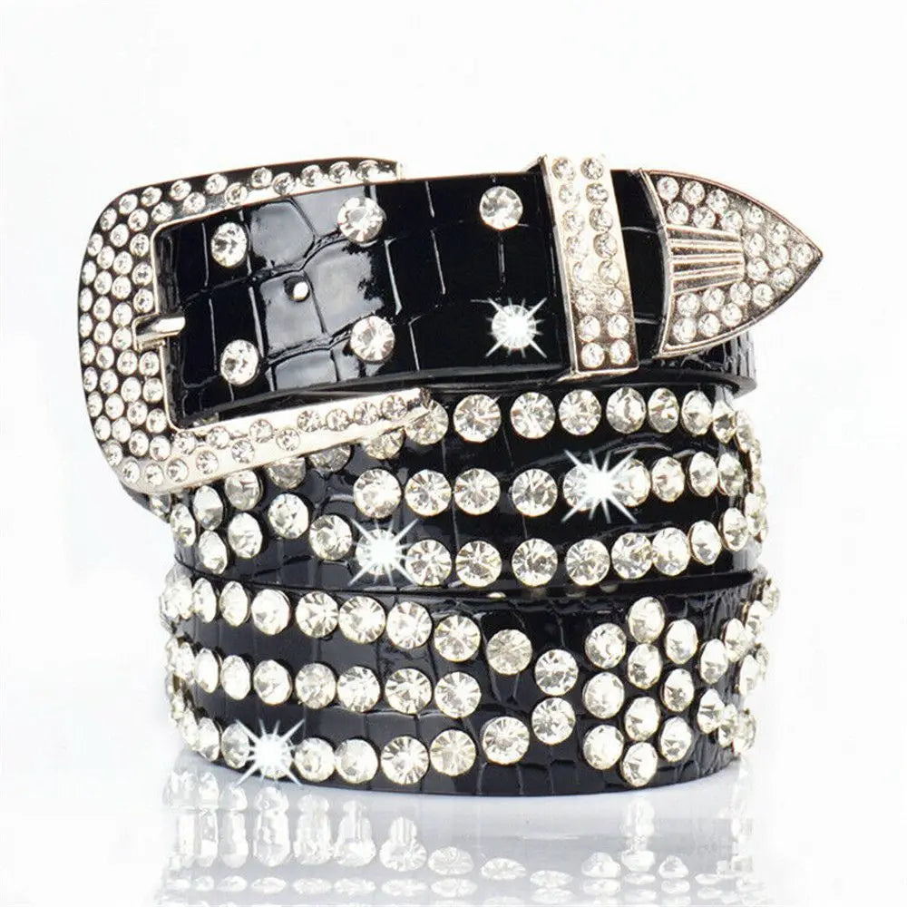 Fashion Leather Belts Men and Women Unisex Rhinestone Luxury Belts Casual Wide Buckle Punk Belts Crystal Bling Jeans Waistband