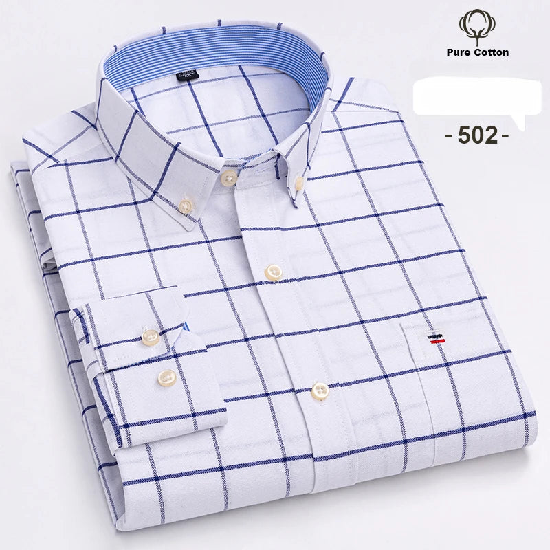 Large Size 7XL 100% Cotton Shirts for Men Oxford Plain Shirt Quality Oversized Long Sleeve Slim Fit Tops Striped Plaid Clothing
