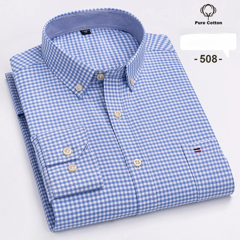 Large Size 7XL 100% Cotton Shirts for Men Oxford Plain Shirt Quality Oversized Long Sleeve Slim Fit Tops Striped Plaid Clothing