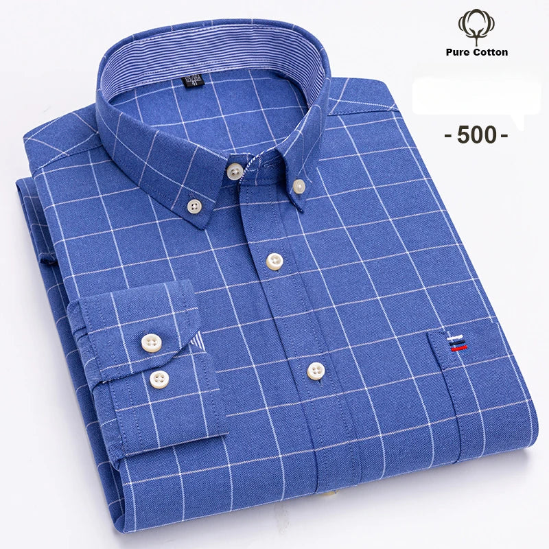 Large Size 7XL 100% Cotton Shirts for Men Oxford Plain Shirt Quality Oversized Long Sleeve Slim Fit Tops Striped Plaid Clothing