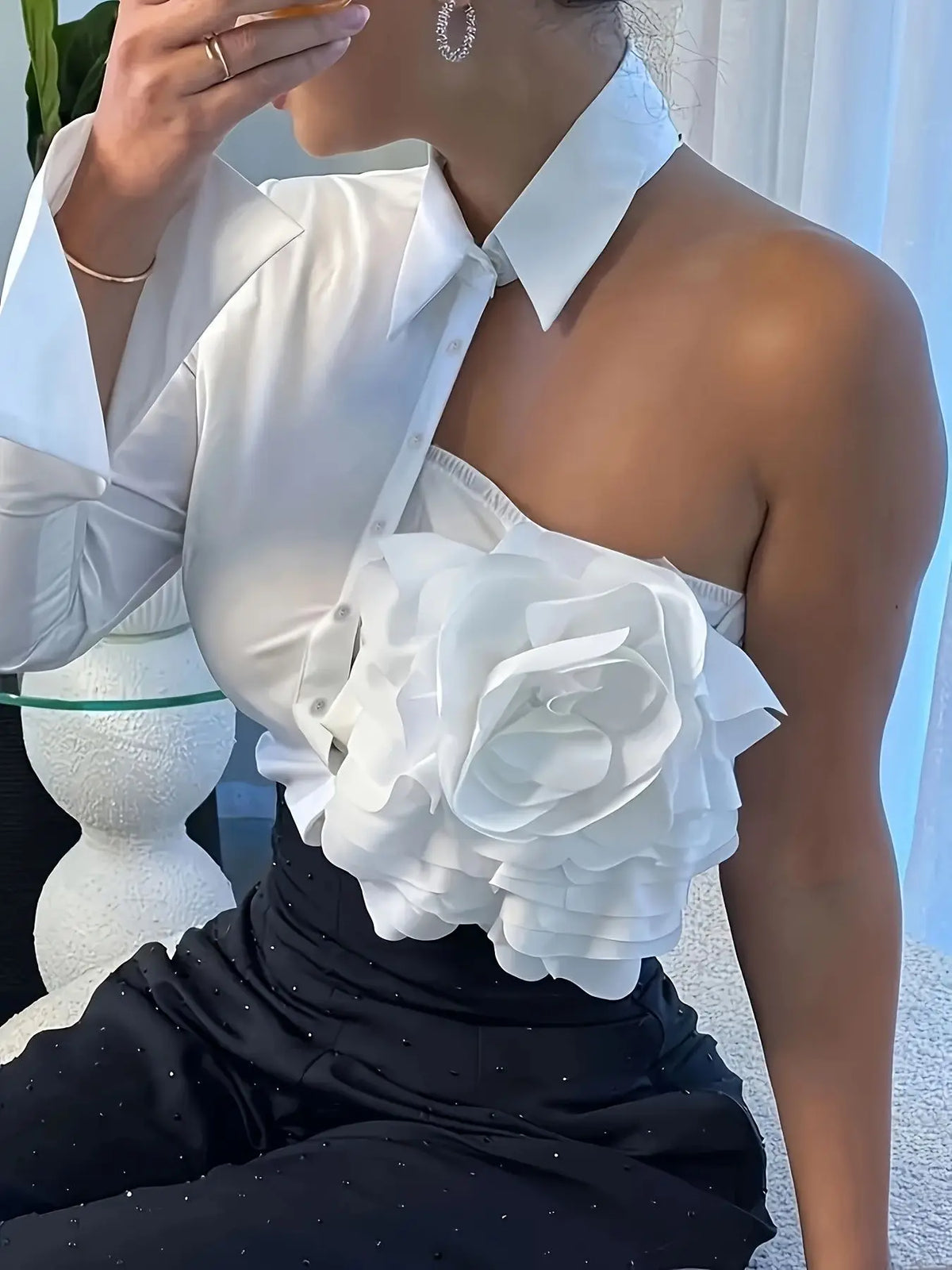 One-Shoulder Shirt Asymmetric Cutout Elegant Blouse Three-Dimensional Floral Applique Top Fashionable Versatile Chic Blouse