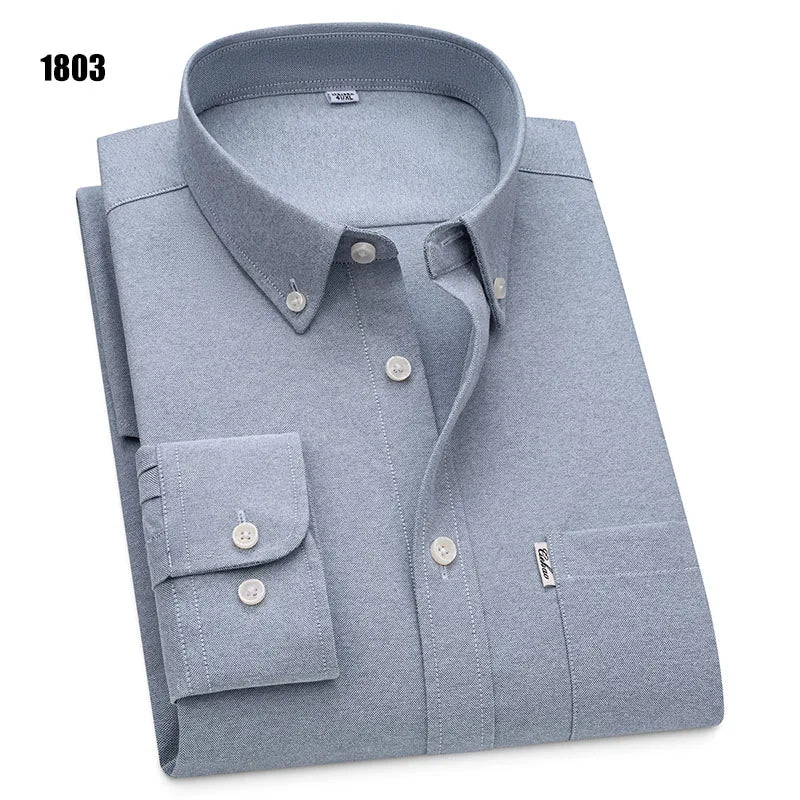 Men's 100% Pure Cotton Oxford Solid Long Sleeve Shirts Business Social Formal Shirts Male Single Pocket Designer Classic Clothes