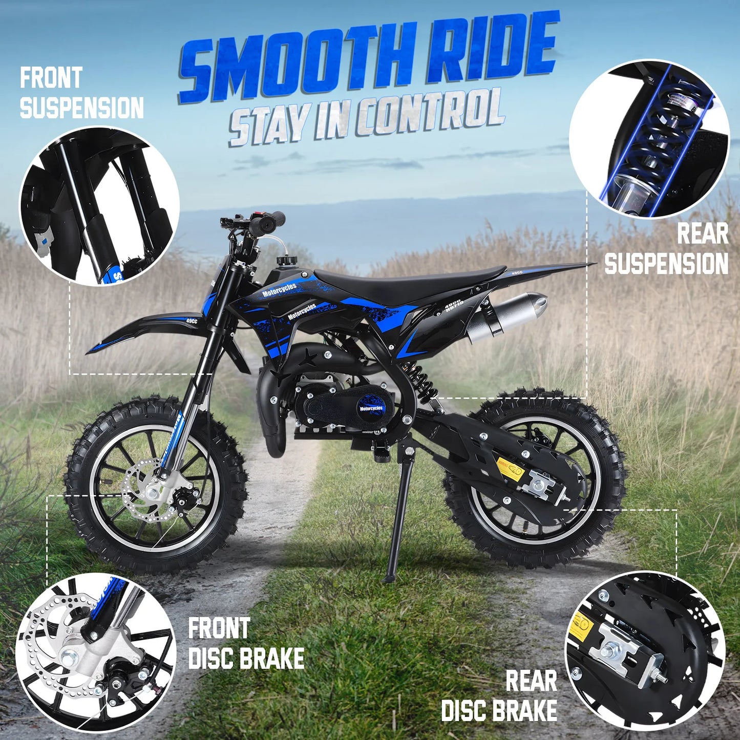 Blue Mini Dirt Bike, 49CC 2-Stroke Gas Powered Motorcycle with Off-Rode Tire, Shock Absorption Pocket Motorbike,Max Load 330 LBS