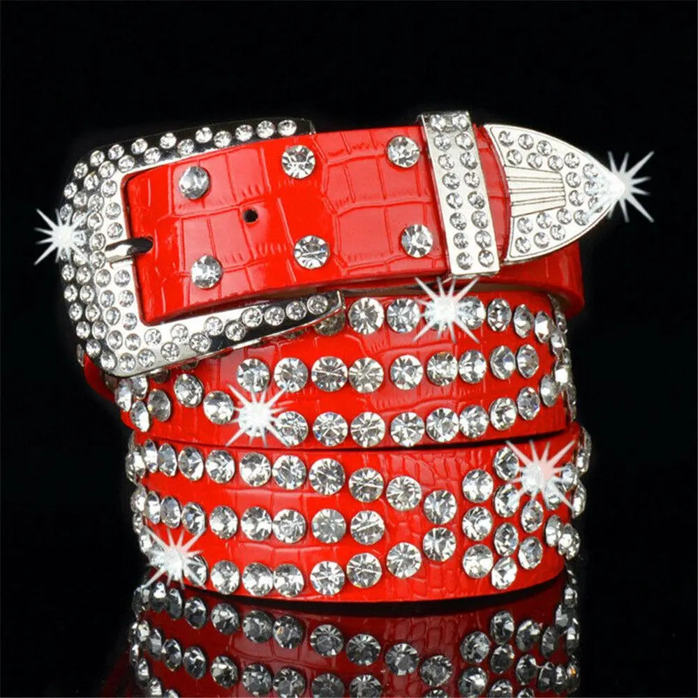 Fashion Leather Belts Men and Women Unisex Rhinestone Luxury Belts Casual Wide Buckle Punk Belts Crystal Bling Jeans Waistband