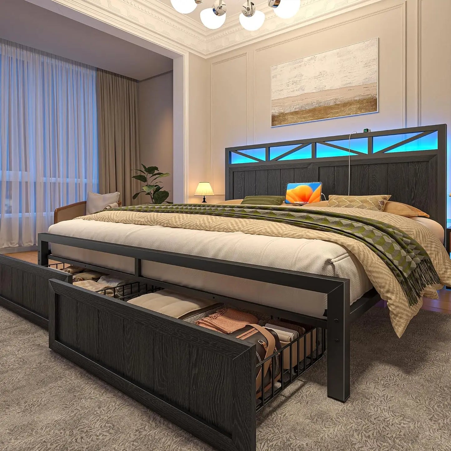 King Bed Frame Metal with 2 Storage Drawers, Wooden Headboard with LED Lighting & Charging Station, Bedroom,, Customized