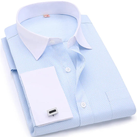 2026 Men French Cufflinks Shirts White Collar Design Solid Color Jacquard Fabric Male Gentleman Dress Long Sleeves Shirt