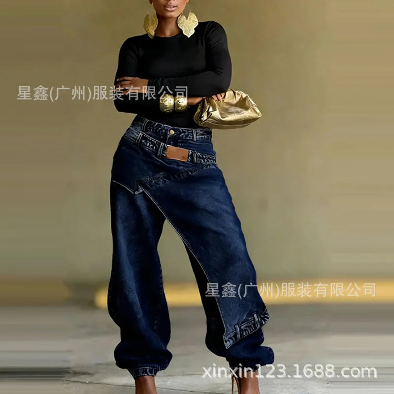 Washed Patchwork Baggy Jeans Irregular Asymmetric Wrap Front Denim Pants Women Cuffed Ankle Wide‑Leg Casual Denim Trousers