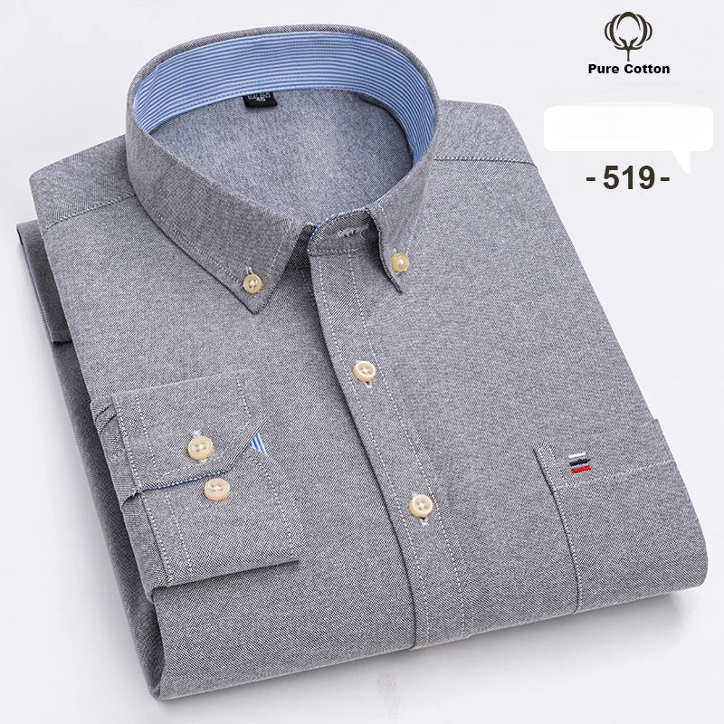 Large Size 7XL 100% Cotton Shirts for Men Oxford Plain Shirt Quality Oversized Long Sleeve Slim Fit Tops Striped Plaid Clothing