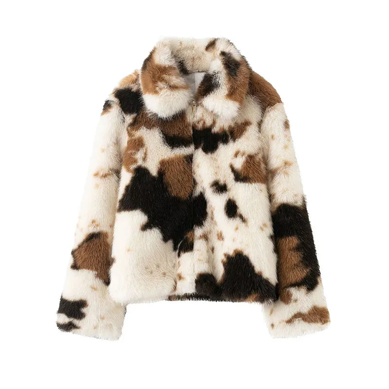 HH Women's New Fashion Long Sleeves Warm Coats Tie Dye Turn-Down Collar Zipper Female Winter High Street Loose Short Jackets