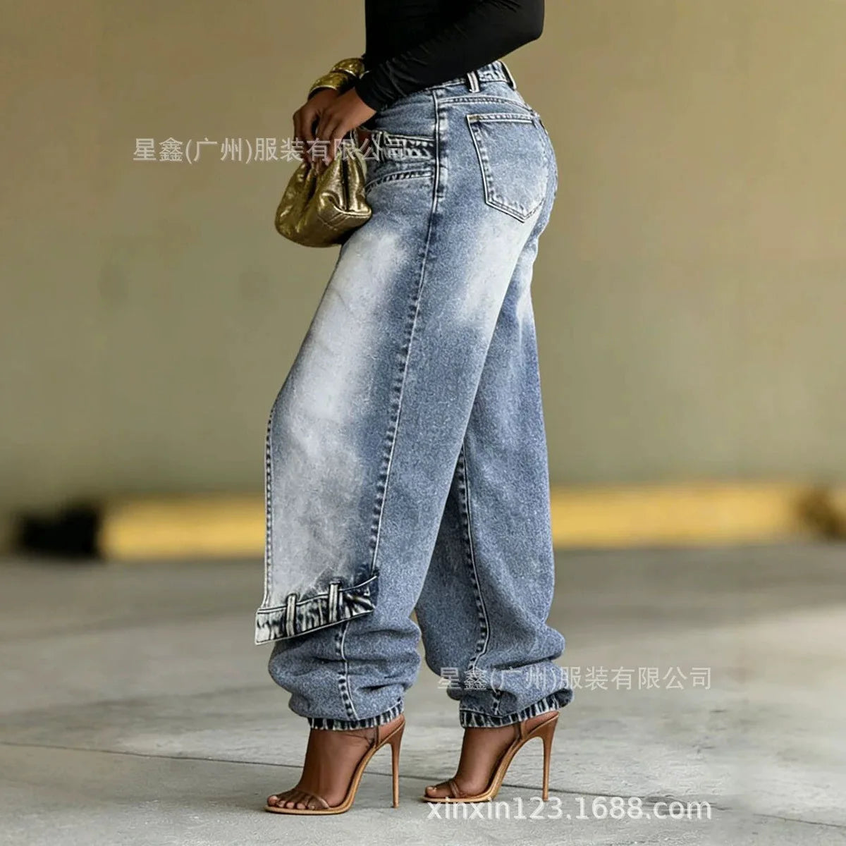 Washed Patchwork Baggy Jeans Irregular Asymmetric Wrap Front Denim Pants Women Cuffed Ankle Wide‑Leg Casual Denim Trousers