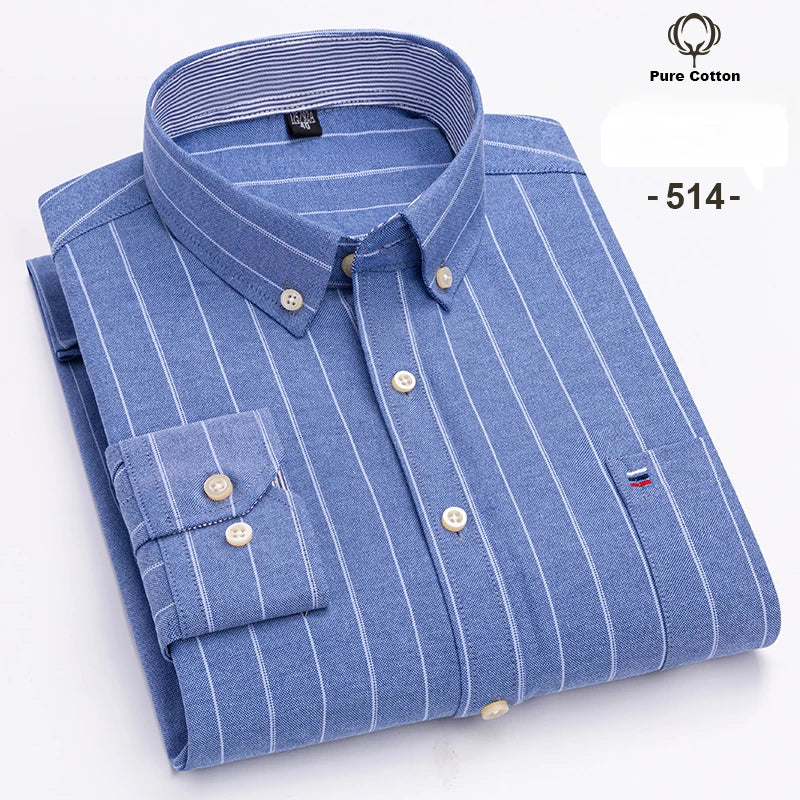 Large Size 7XL 100% Cotton Shirts for Men Oxford Plain Shirt Quality Oversized Long Sleeve Slim Fit Tops Striped Plaid Clothing