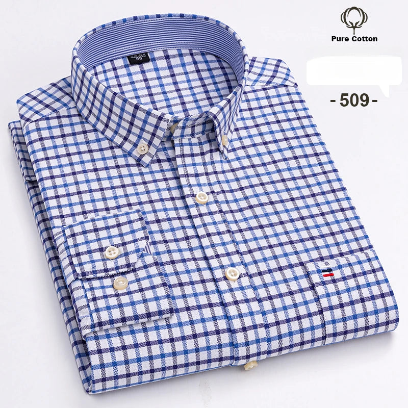 Large Size 7XL 100% Cotton Shirts for Men Oxford Plain Shirt Quality Oversized Long Sleeve Slim Fit Tops Striped Plaid Clothing