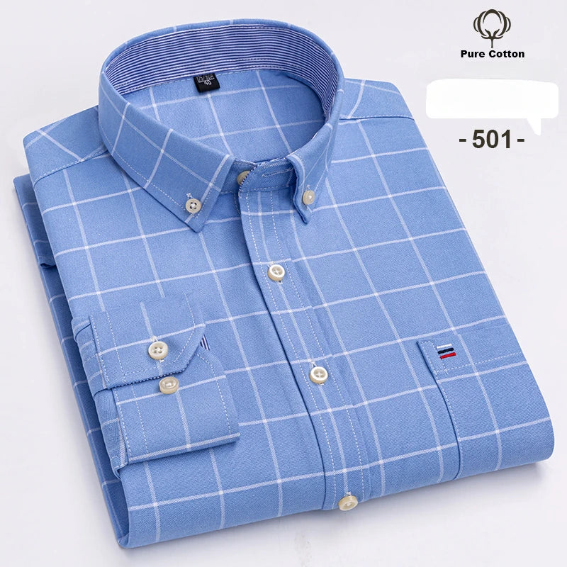 Large Size 7XL 100% Cotton Shirts for Men Oxford Plain Shirt Quality Oversized Long Sleeve Slim Fit Tops Striped Plaid Clothing
