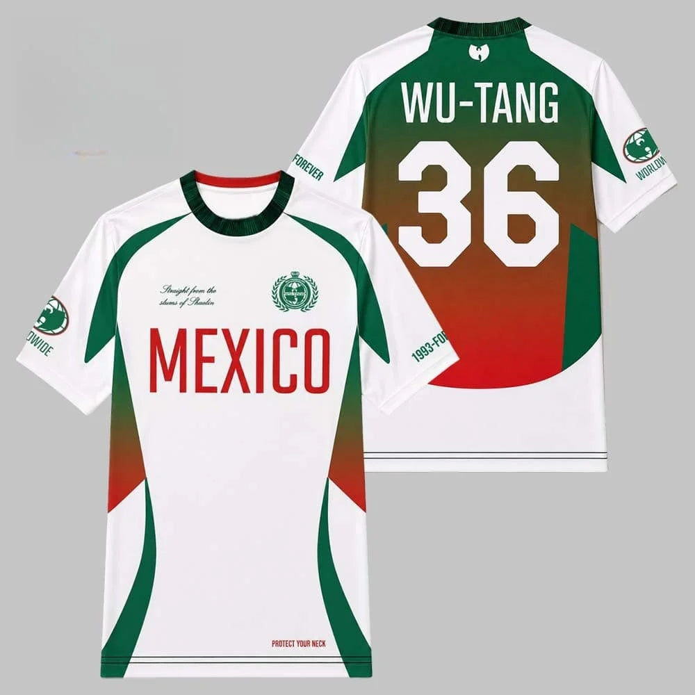 2026 Men Mexico  Soccer Jersey Wu-Tang Clan Hip Hop Band Print Short Sleeve Gradient Red Green 36 Number Vintage  Sports Tee