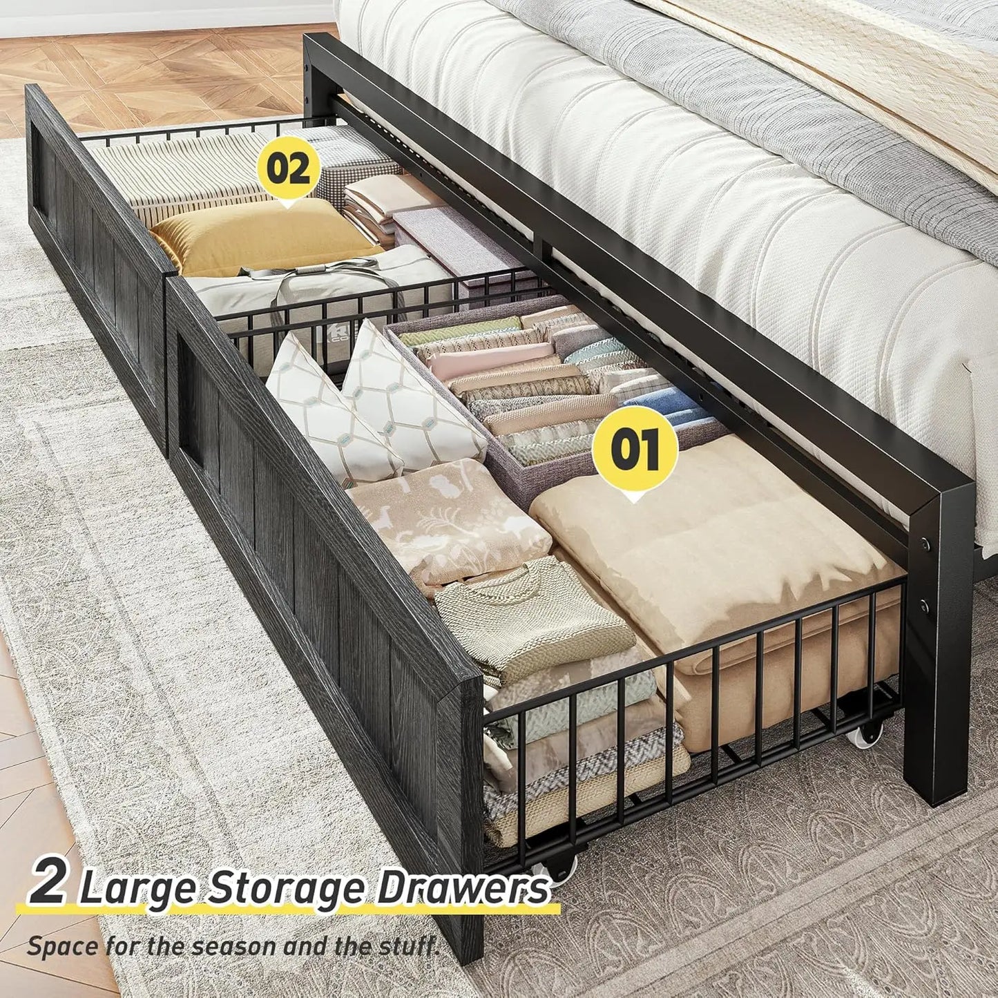 King Bed Frame Metal with 2 Storage Drawers, Wooden Headboard with LED Lighting & Charging Station, Bedroom,, Customized
