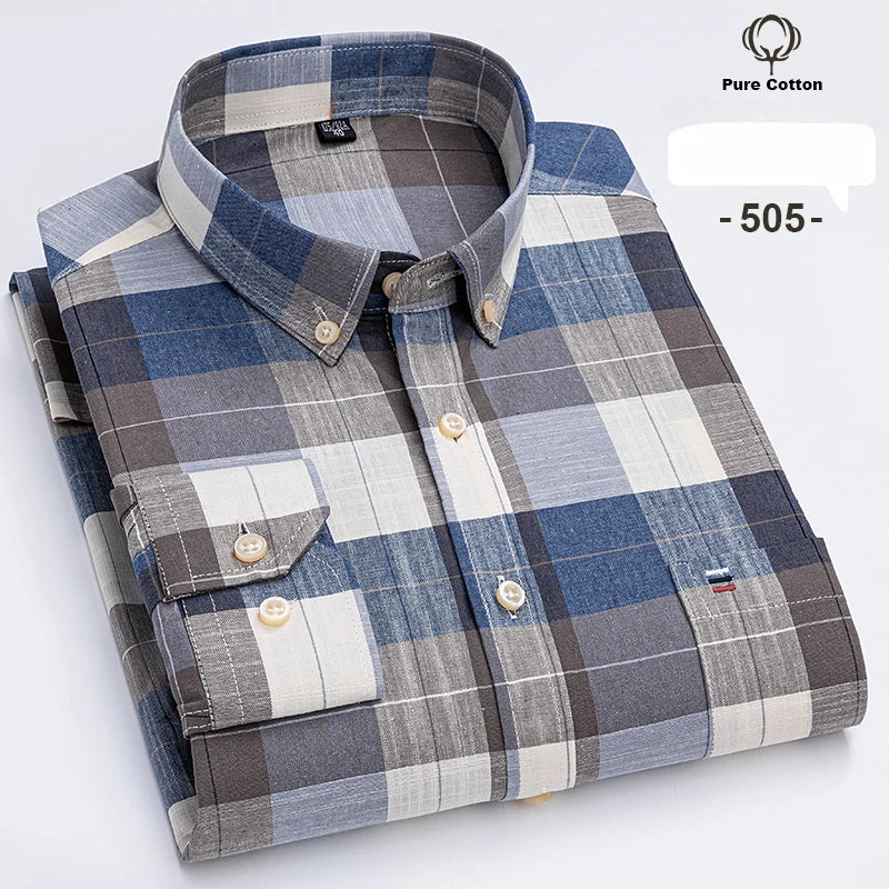 Large Size 7XL 100% Cotton Shirts for Men Oxford Plain Shirt Quality Oversized Long Sleeve Slim Fit Tops Striped Plaid Clothing